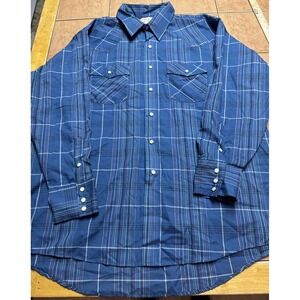 Saddle King Western Shirt Cowboy Pearl‎ Snap Blue Plaid Sz 18.5 Vintage USA Made